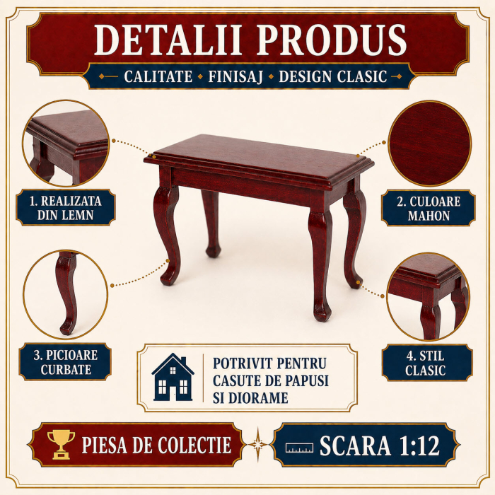 Masa clasica din lemn culoare mahon, miniatura 1:12 pentru casute de papusi [3]