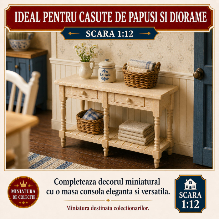 Masa consola din lemn natur cu 2 sertare si etajera, miniatura 1:12 pentru casute de papusi [4]