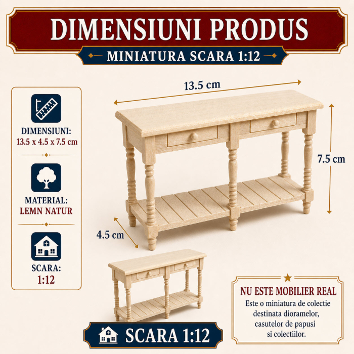 Masa consola din lemn natur cu 2 sertare si etajera, miniatura 1:12 pentru casute de papusi [2]