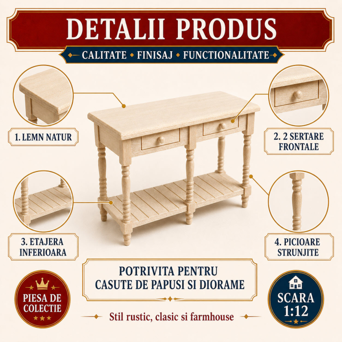 Masa consola din lemn natur cu 2 sertare si etajera, miniatura 1:12 pentru casute de papusi [3]