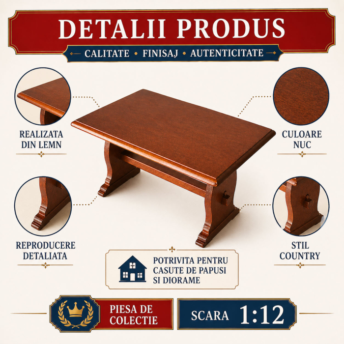 Masa din lemn tip Country culoare nuc - miniatura casute de papusi 1:12 [3]