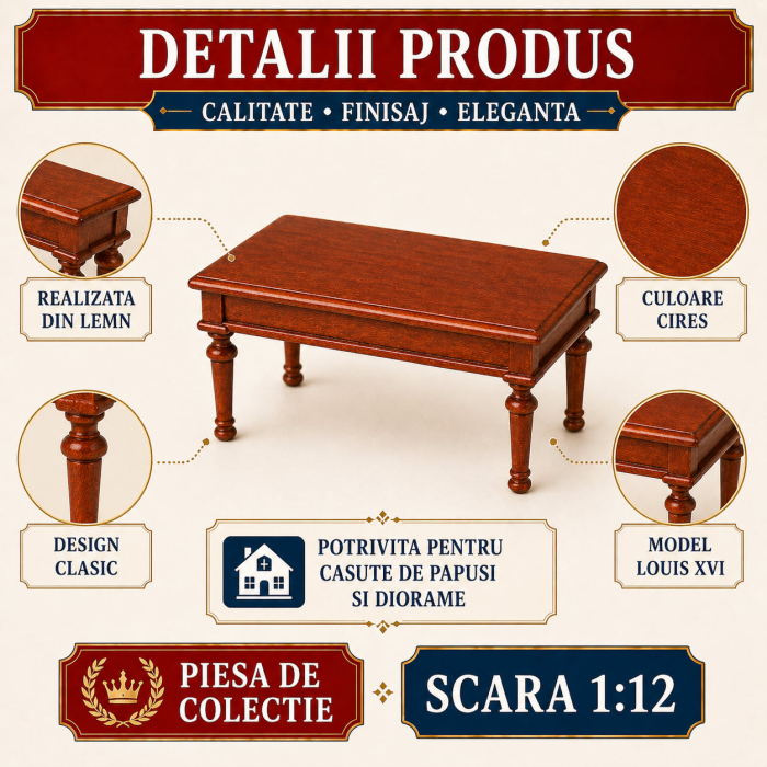 Masa joasa Louis XVI din lemn cires, miniatura 1:12 pentru casute de papusi [3]
