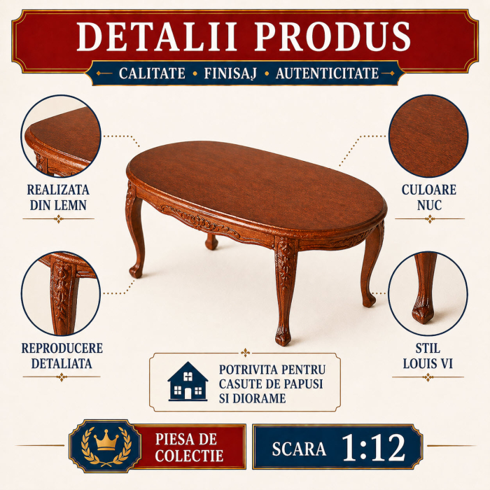 Masa mare ovala sculptata Louis VI culoare nuc, miniatura 1:12 pentru casute de papusi [3]
