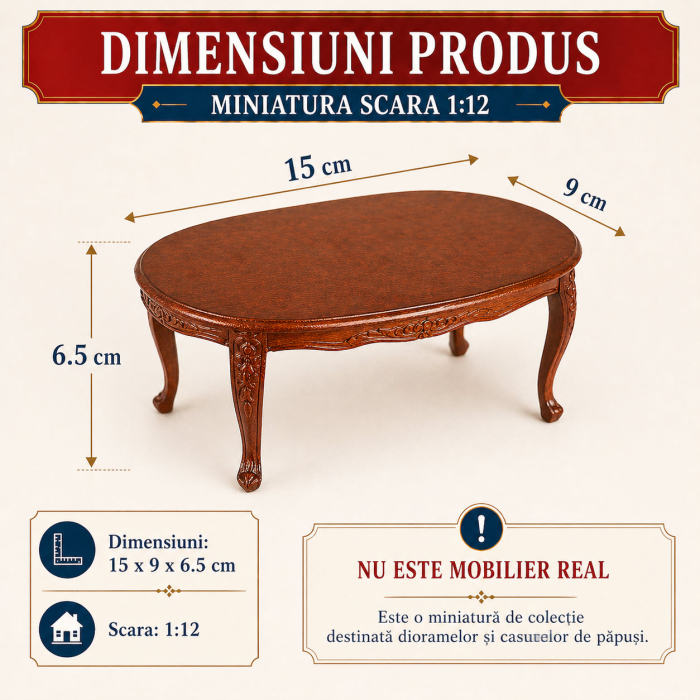 Masa mare ovala sculptata Louis VI culoare nuc, miniatura 1:12 pentru casute de papusi [2]
