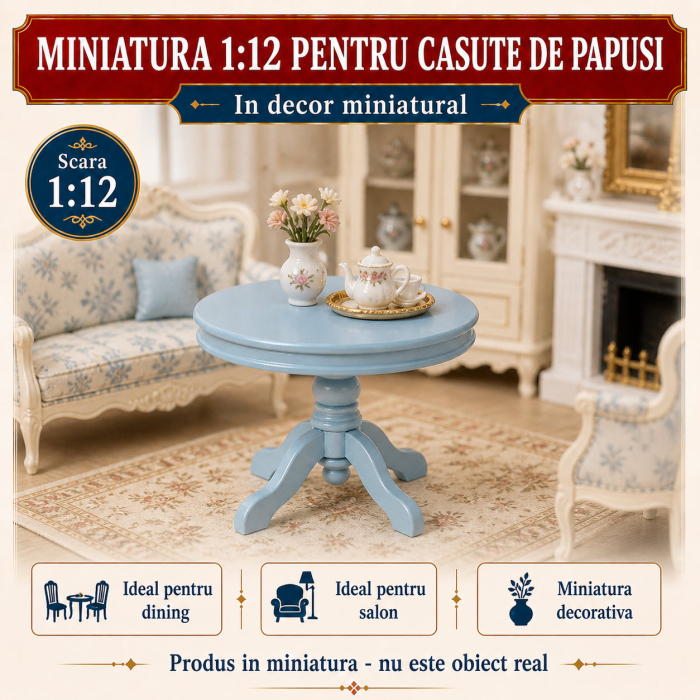 Masa mare rotunda Windsor culoare bleu, miniatura 1:12 pentru casute de papusi [4]