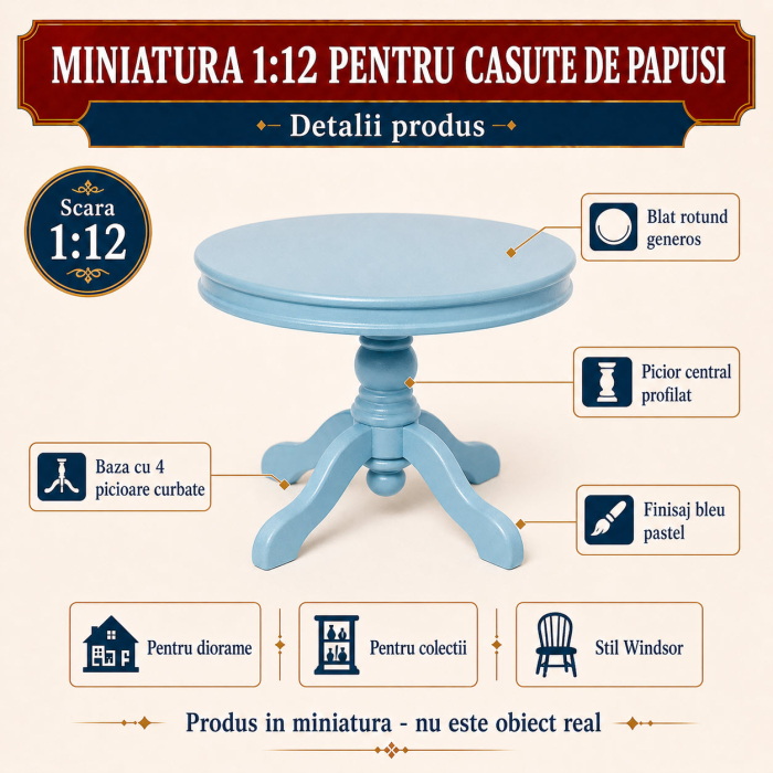 Masa mare rotunda Windsor culoare bleu, miniatura 1:12 pentru casute de papusi [3]