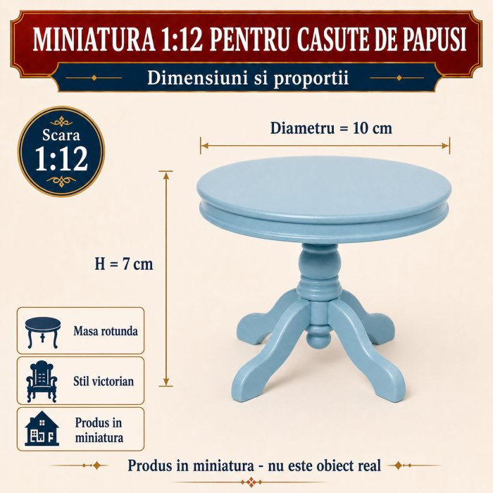 Masa mare rotunda Windsor culoare bleu, miniatura 1:12 pentru casute de papusi [2]