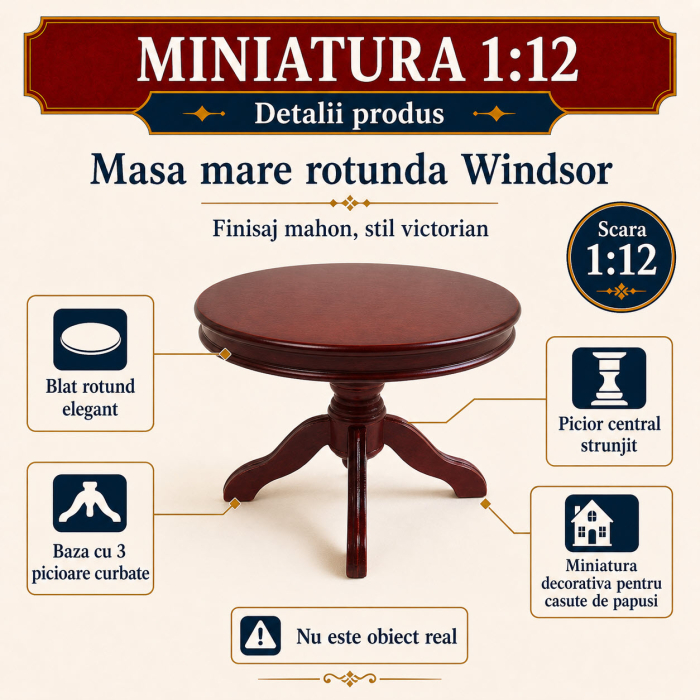 Masa mare rotunda Windsor culoare mahon, miniatura 1:12 pentru casute de papusi [3]