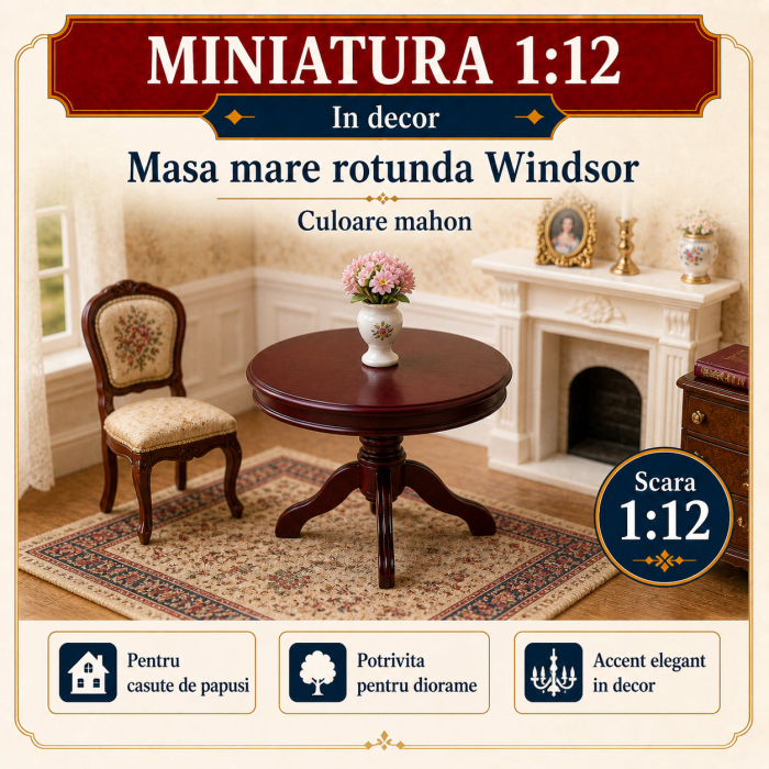 Masa mare rotunda Windsor culoare mahon, miniatura 1:12 pentru casute de papusi [4]