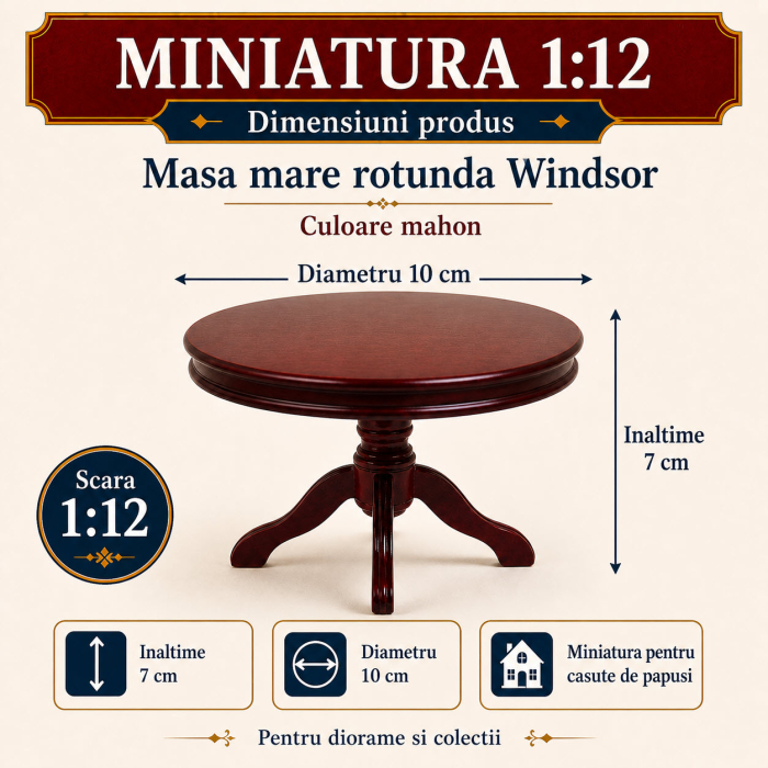 Masa mare rotunda Windsor culoare mahon, miniatura 1:12 pentru casute de papusi [2]