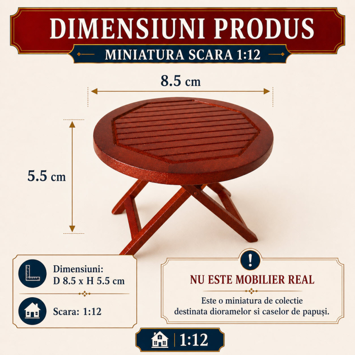 Masa rotunda de gradina din lemn cires, miniatura 1:12 pentru casute de papusi [2]