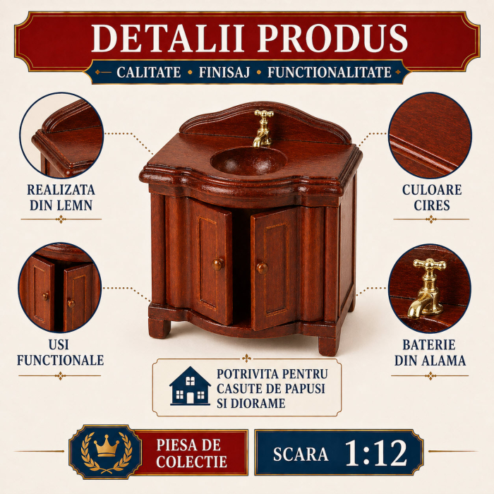 Masca baie din lemn culoare cires, miniatura 1:12 pentru casute de papusi [3]