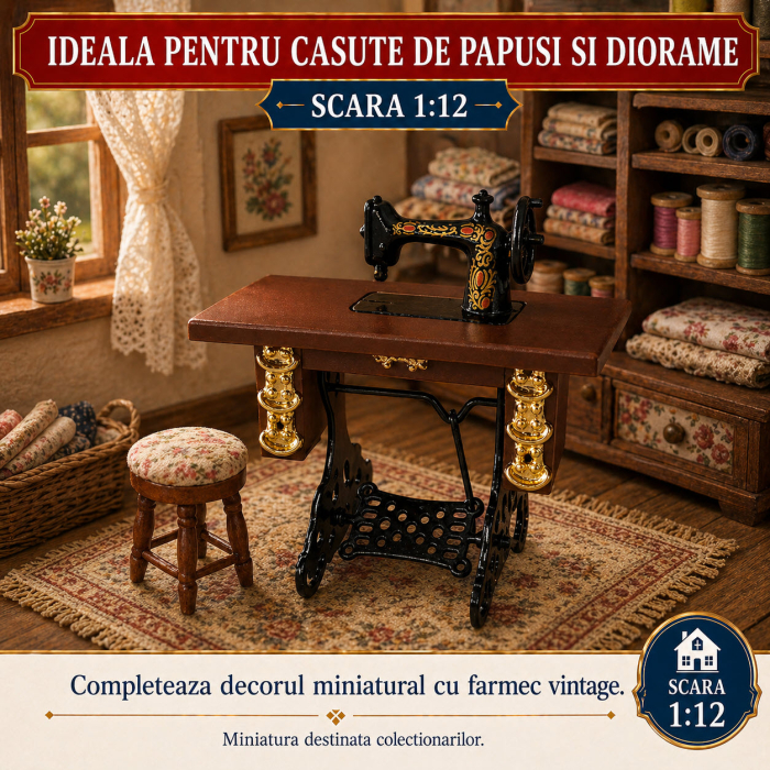 Masina de cusut vintage cu blat maro, miniatura 1:12 pentru casute de papusi [4]