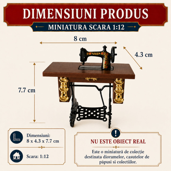 Masina de cusut vintage cu blat maro, miniatura 1:12 pentru casute de papusi [2]
