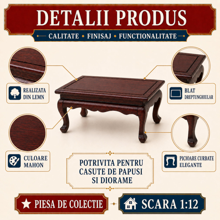 Masuta cafea din lemn culoare mahon, miniatura 1:12 pentru casute de papusi [3]