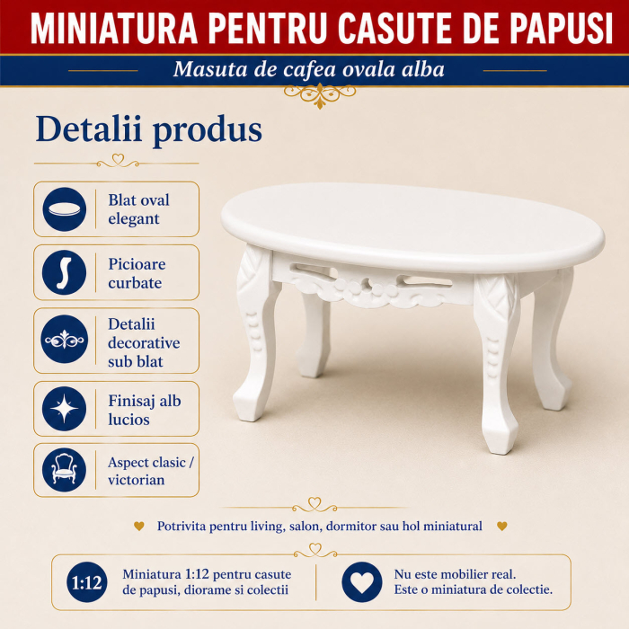 Masuta de cafea ovala alba, miniatura 1:12 pentru casute de papusi [3]
