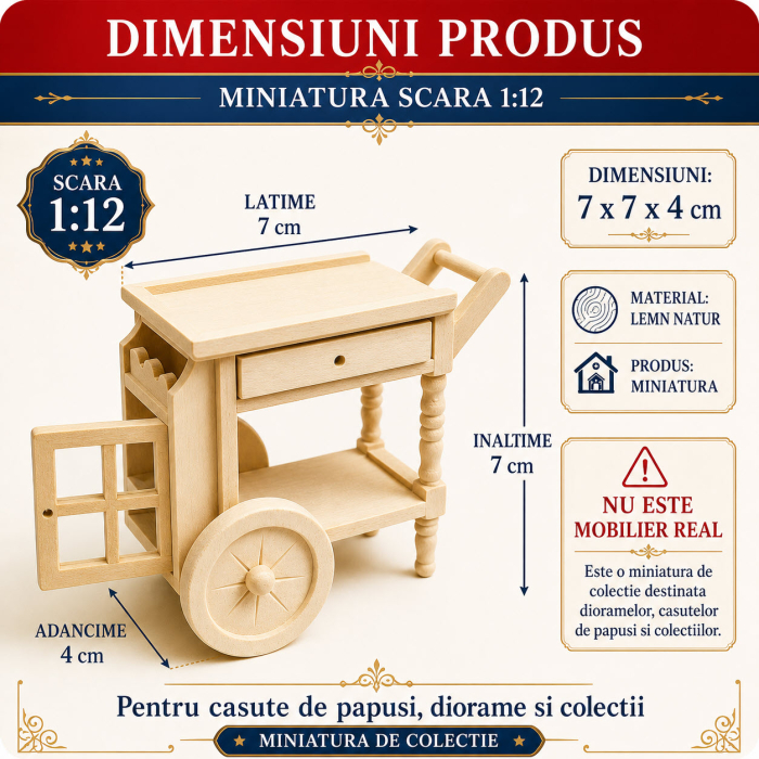 Masuta de servire pe roti din lemn natur, miniatura 1:12 pentru casute de papusi [2]