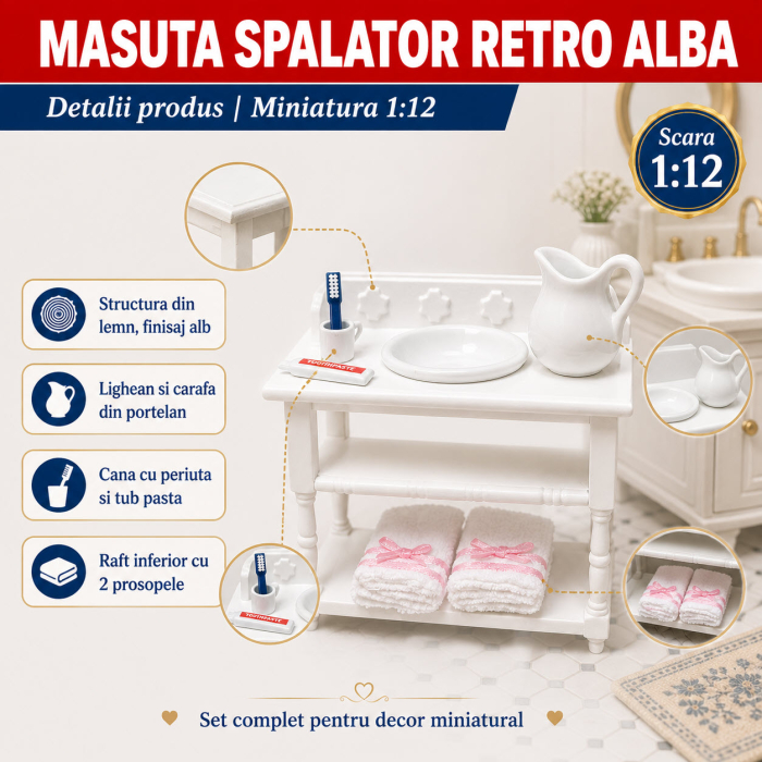 Masuta spalator retro alba cu accesorii din portelan, miniatura 1:12 pentru casute de papusi [2]