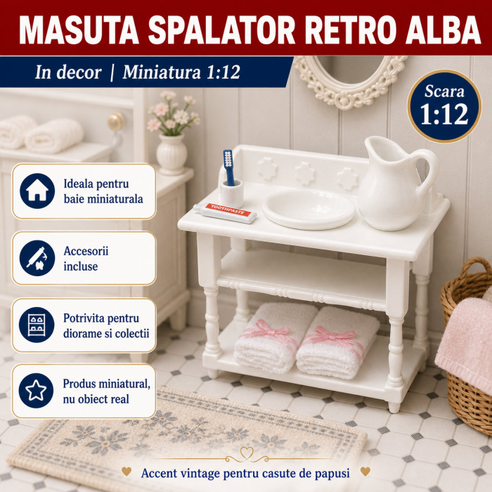 Masuta spalator retro alba cu accesorii din portelan, miniatura 1:12 pentru casute de papusi [4]