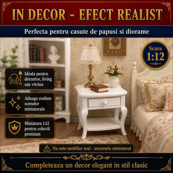 Noptiera alba din lemn cu sertar functional, miniatura 1:12 pentru casute de papusi [4]
