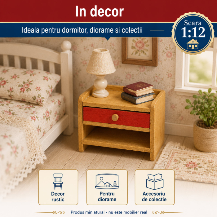 Noptiera rustica din lemn cu sertar rosu, miniatura 1:12 pentru casute de papusi [4]