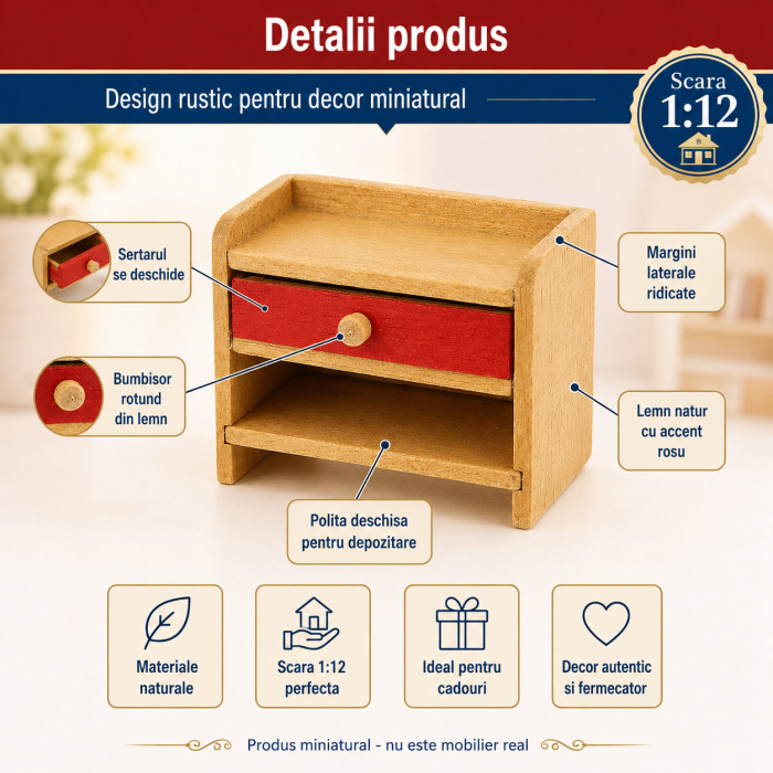 Noptiera rustica din lemn cu sertar rosu, miniatura 1:12 pentru casute de papusi [3]
