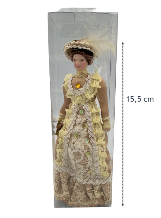 Papusa din portelan scara 1/12 cu rochie crem de epoca, palarie si suport [2]