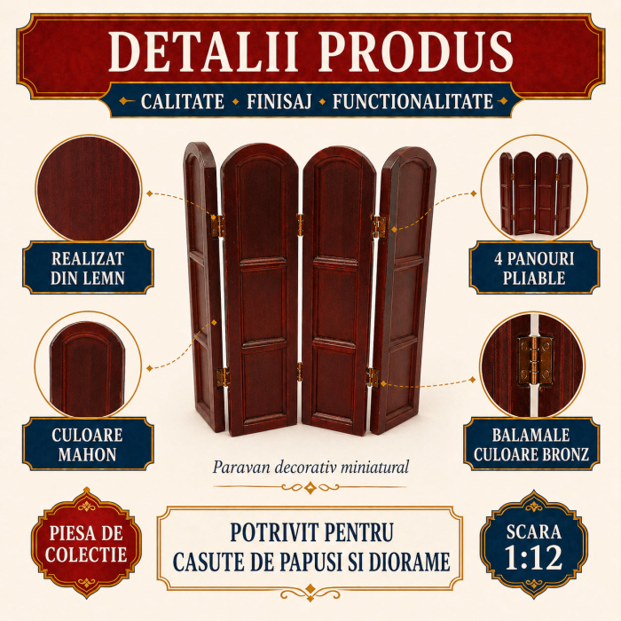 Paravan pliabil din lemn culoare mahon, miniatura 1:12 pentru casute de papusi [3]