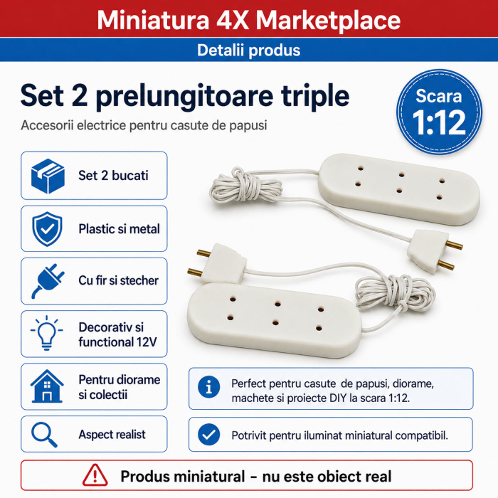 Prelungitor triplu cu stecher, set 2 bucati, accesoriu electric miniatural 1:12 pentru casute de papusi [3]