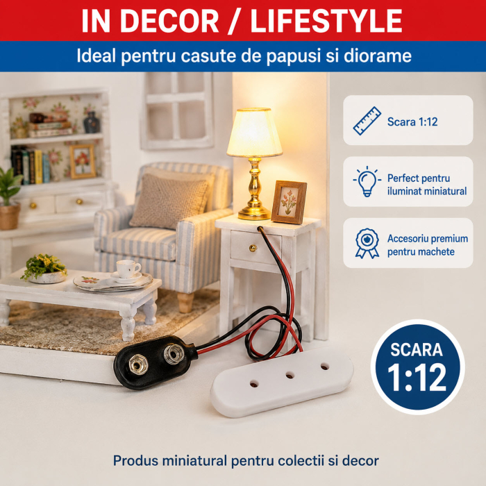 Priza tripla cu adaptor baterie 9V, accesoriu electric miniatural 1:12 pentru casute de papusi [4]