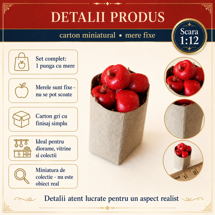 Punga de cumparaturi cu mere rosii, miniatura 1:12 pentru casute de papusi [3]
