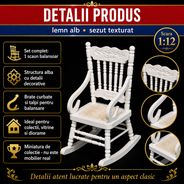 Scaun balansoar alb din lemn, miniatura pentru casute de papusi, diorame si colectii [3]