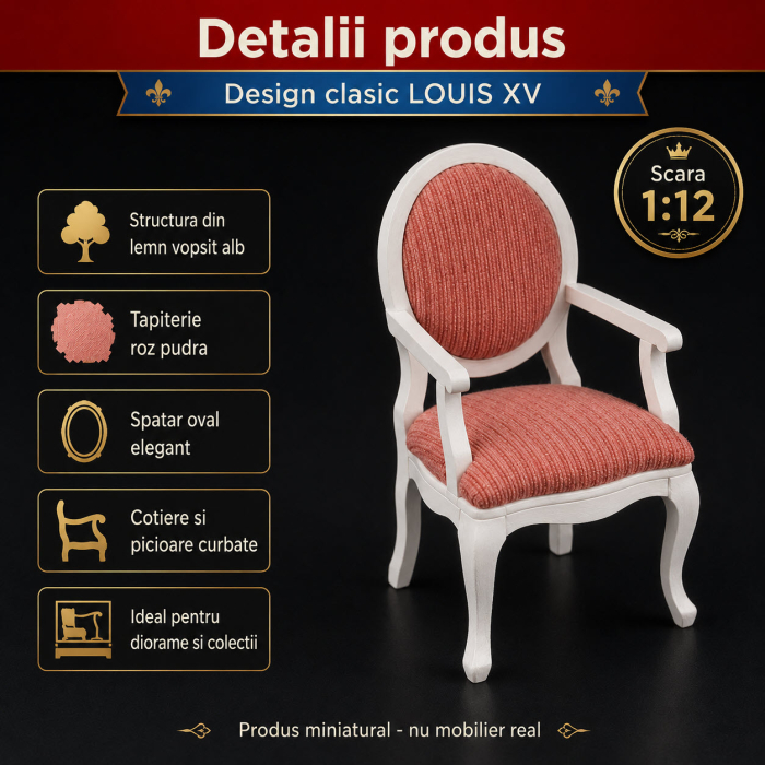 Scaun cu cotiere Louis XV alb cu tapiterie roz pudra, miniatura pentru casute de papusi [3]