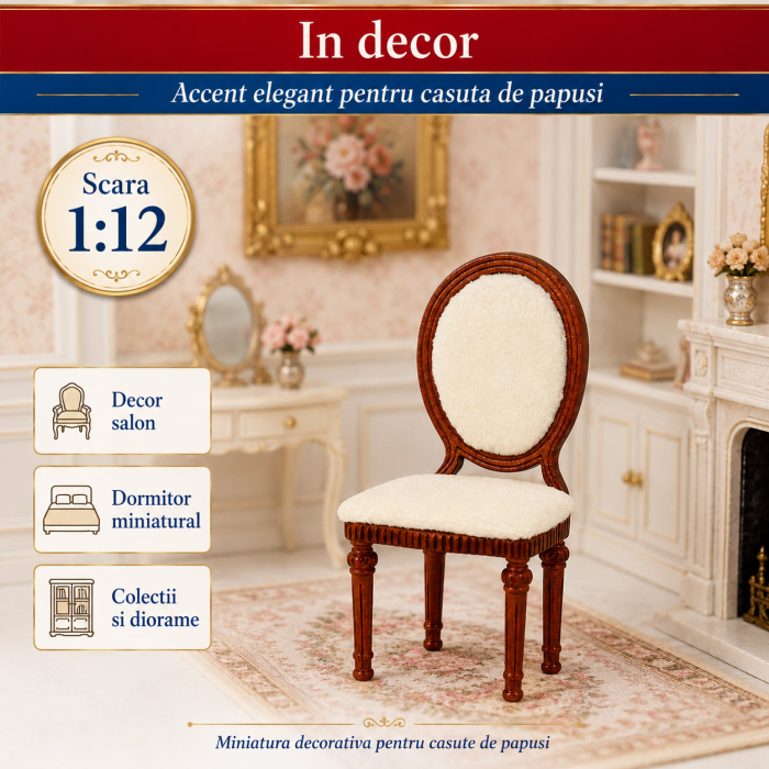 Scaun Louis XVI din lemn cires cu tapiterie ecru, miniatura pentru casute de papusi [4]