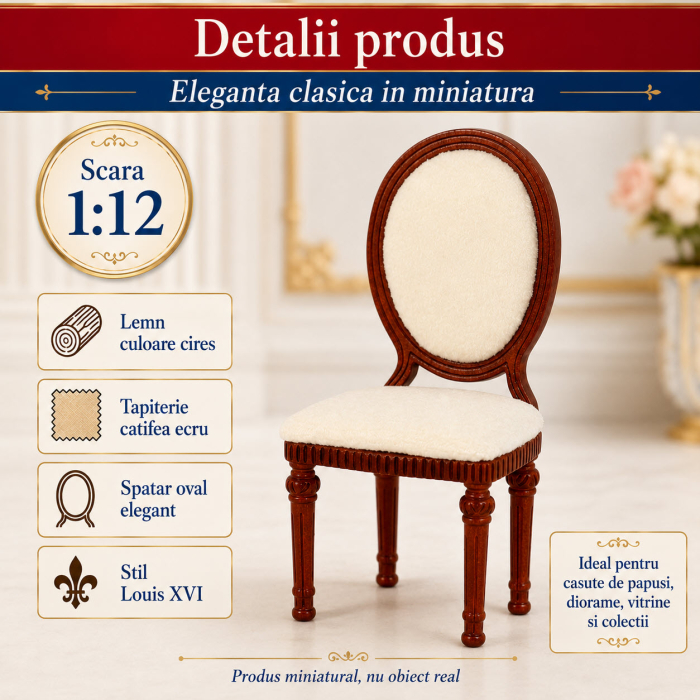 Scaun Louis XVI din lemn cires cu tapiterie ecru, miniatura pentru casute de papusi [3]