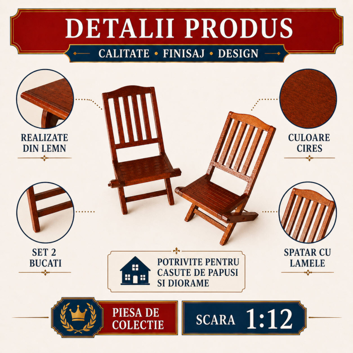 Scaune de gradina set 2 buc din lemn cires, miniatura 1:12 pentru casute de papusi [3]
