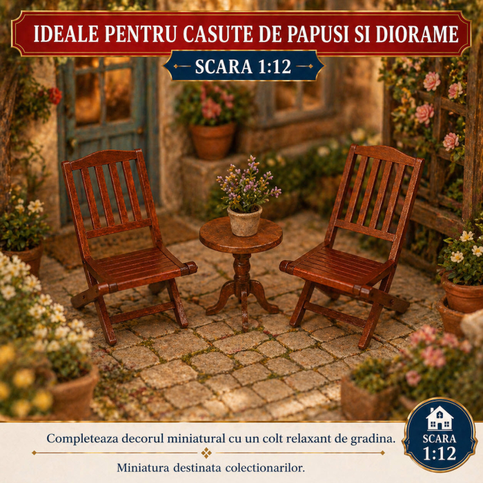 Scaune de gradina set 2 buc din lemn cires, miniatura 1:12 pentru casute de papusi [4]