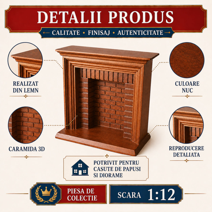 Semineu clasic din lemn 3D culoare nuc, miniatura 1:12 pentru casute de papusi [3]