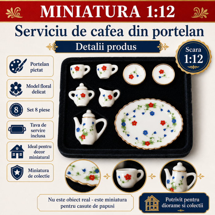 Serviciu de cafea din portelan cu tava, 8 piese, miniatura 1:12 pentru casute de papusi [3]