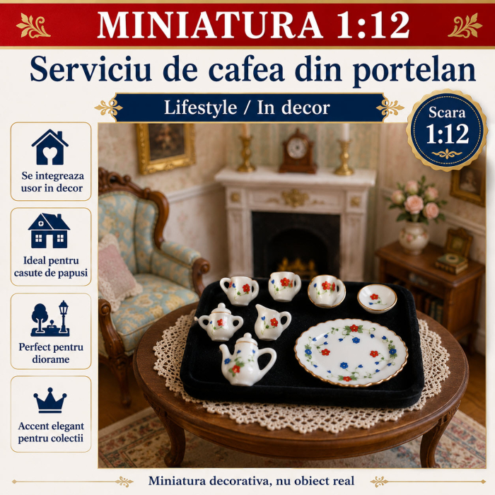 Serviciu de cafea din portelan cu tava, 8 piese, miniatura 1:12 pentru casute de papusi [4]