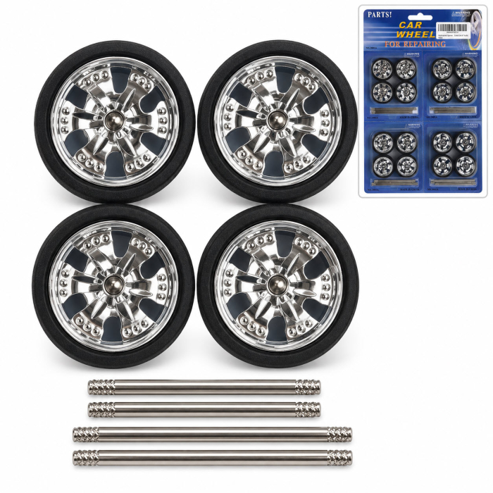 Set 16 Roți Tuning Cromate Machete Auto, Jante cu Efect Spinner + Anvelope și Axe, Scara 1/24 - 1/18 [4]