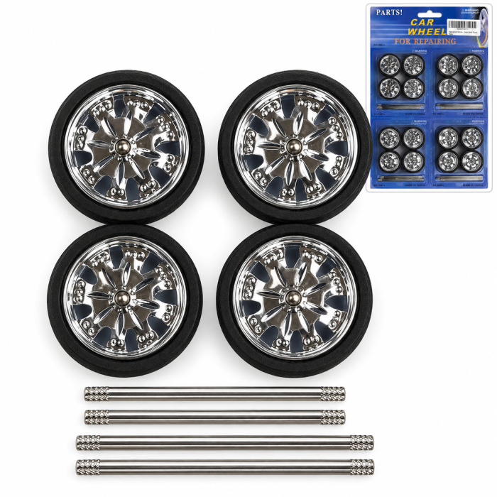 Set 16 Roți Tuning Cromate Machete Auto, Jante cu Efect Spinner + Anvelope și Axe, Scara 1/24 - 1/18 [3]