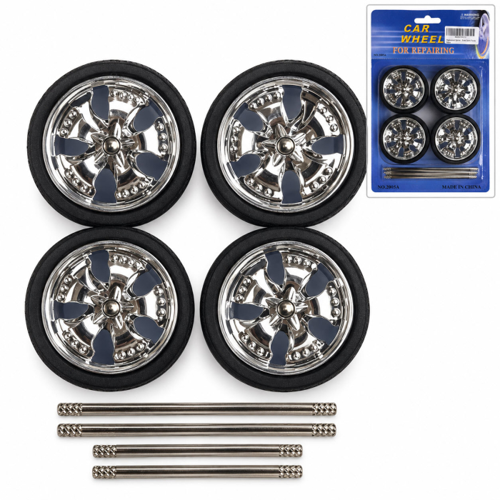 Set 16 Roți Tuning Cromate Machete Auto, Jante cu Efect Spinner + Anvelope și Axe, Scara 1/24 - 1/18 [5]