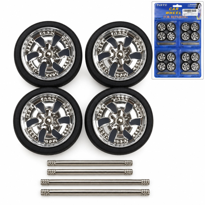 Set 16 Roți Tuning Cromate Machete Auto, Jante cu Efect Spinner + Anvelope și Axe, Scara 1/24 - 1/18 [6]