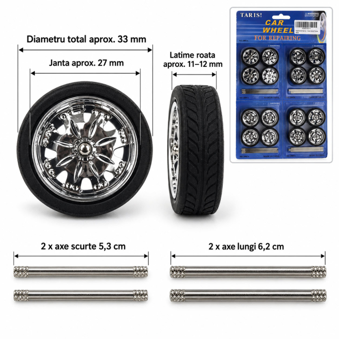Set 16 Roți Tuning Cromate Machete Auto, Jante cu Efect Spinner + Anvelope și Axe, Scara 1/24 - 1/18 [2]