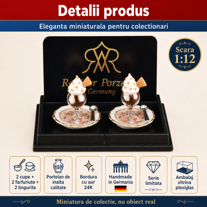 Set 2 cupe inghetata pe farfuriute din portelan cu aur 24K, miniatura 1:12 pentru colectionari [3]
