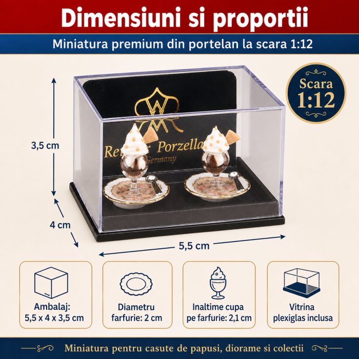 Set 2 cupe inghetata pe farfuriute din portelan cu aur 24K, miniatura 1:12 pentru colectionari [2]