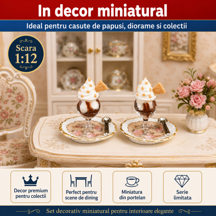 Set 2 cupe inghetata pe farfuriute din portelan cu aur 24K, miniatura 1:12 pentru colectionari [4]