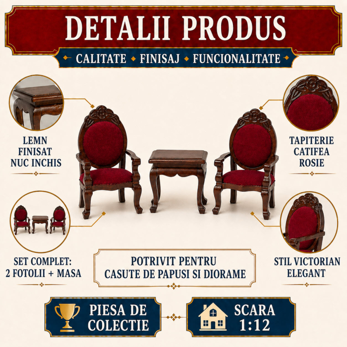 Set 2 fotolii si masa stil victorian din lemn nuc inchis, miniatura 1:12 pentru casute de papusi [3]