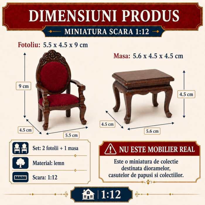 Set 2 fotolii si masa stil victorian din lemn nuc inchis, miniatura 1:12 pentru casute de papusi [2]